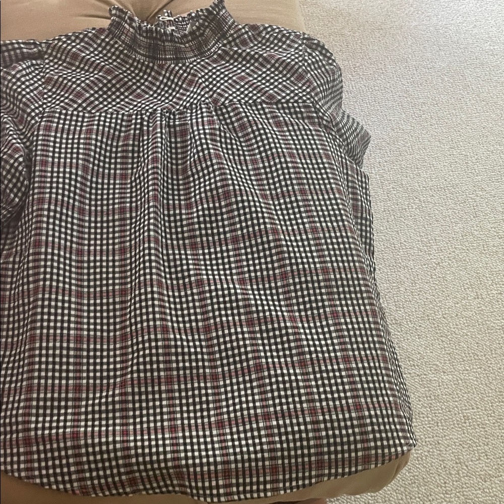 LOFT Black, White & Red Plaid Sleeveless Ruffle Neck Top